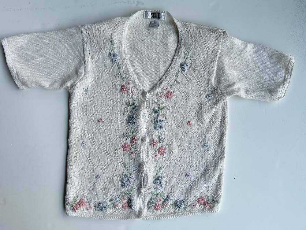 Segue White Pastel Embroidered Knit Short Sleeve Cardigan M (10-12) Grannycore